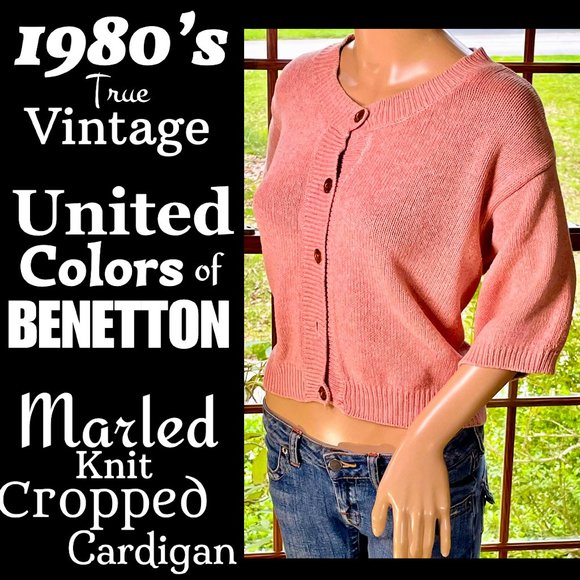 ▪️VTG▪️BENETTON▪️1980's Peach Marled Knit Cropped Cardigan Top
